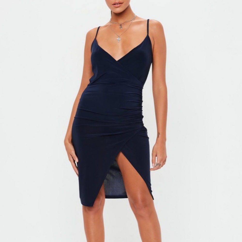 Navy Strappy Slinky Wrap Bodycon Midi Dress